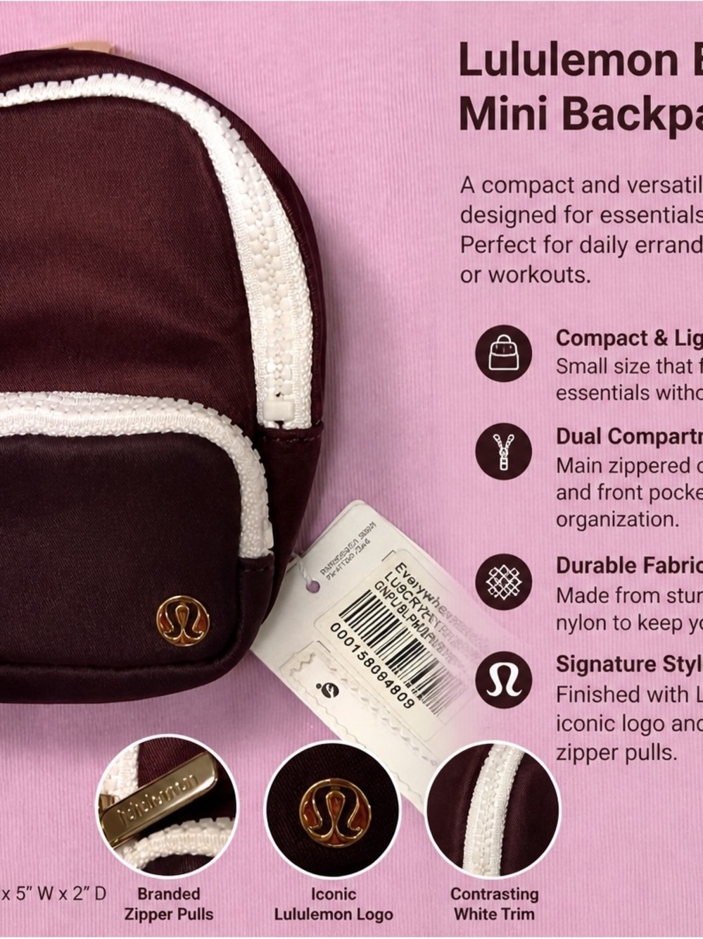 lululemon athletica Mini Backpack in Deep Burgundy with White Trim